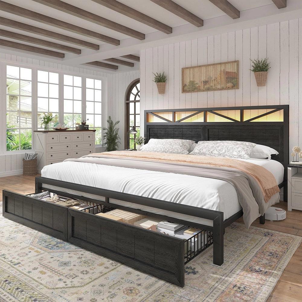 Snhomee Bettgestell mit 2 Stauraum-Schubladen, LED-Kopfteil & Ladestation, Kein Boxspring nötig, geräuschlos, einfache Montage, 900LBS