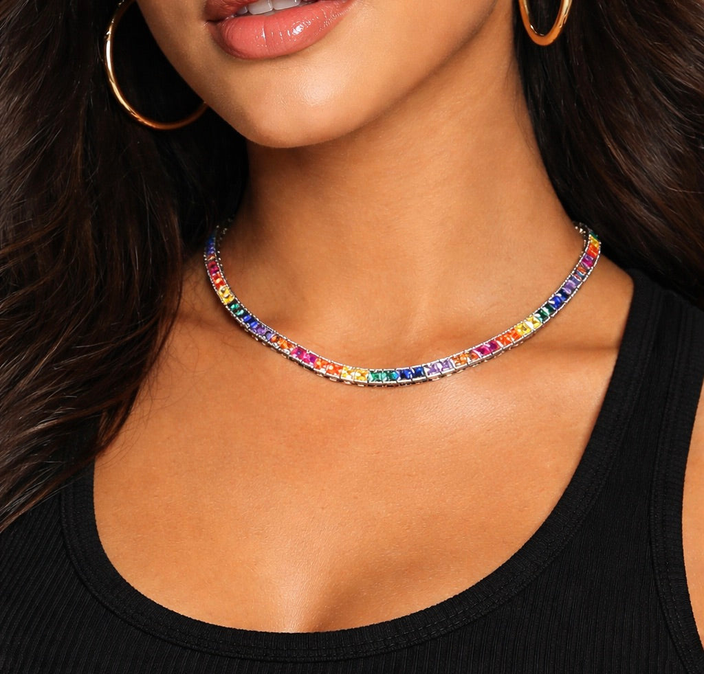 Iced Out Rainbow CZ Tennis Chain - 4mm Quadrat Schnitt Halskette Hip Hop Schmuck