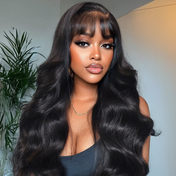 Klaiyi 13x4 Pre-Everything™ Lace Frontal Fluffy Natural Loose Body Wave With Vintage Air Bangs Put on and Go Glueless Human Hair Wigs