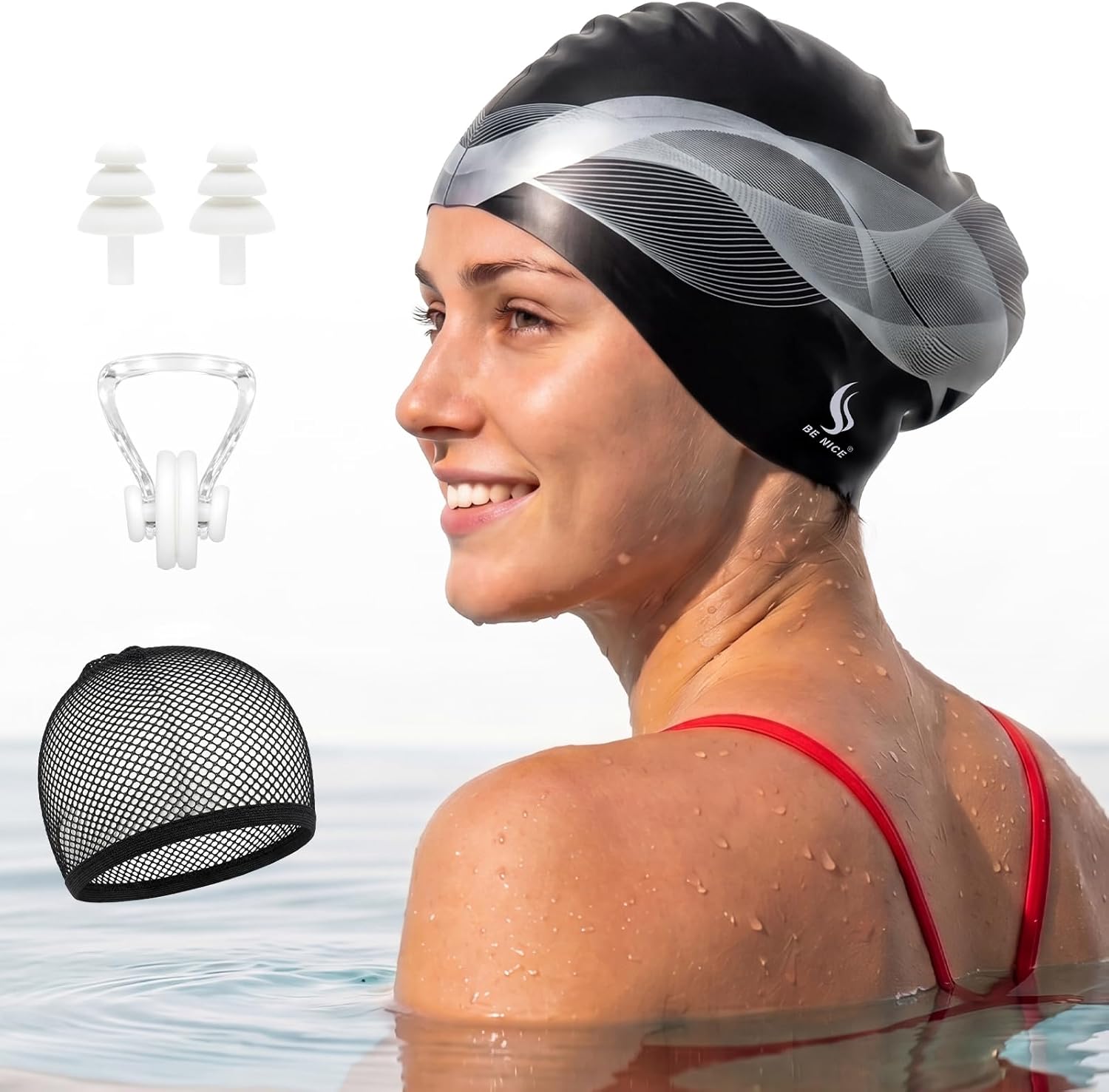 BENICE Silikon-Schwimmhaube für lange Haare – Wasserdicht, passt für alle Kopfgrößen