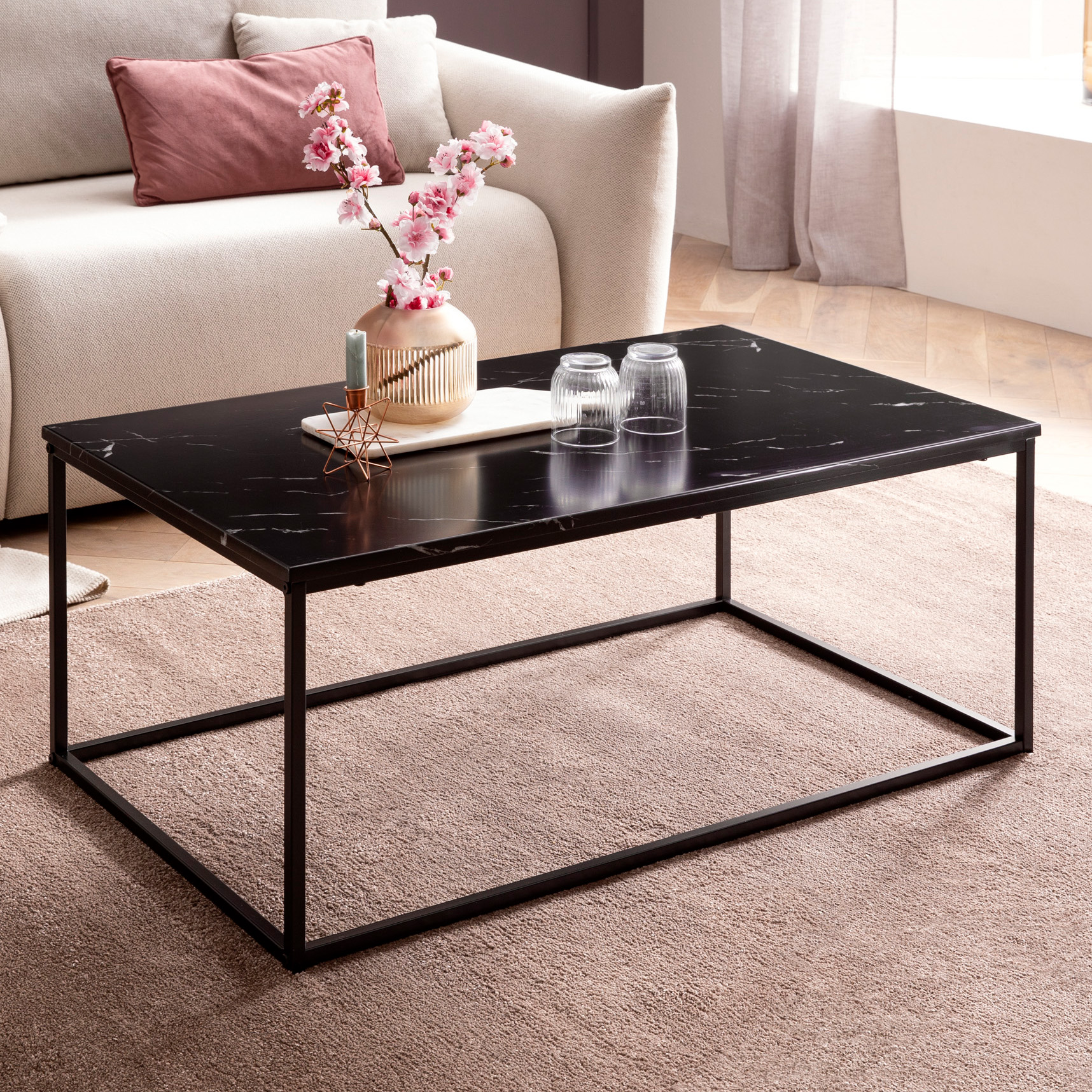 Couchtisch 100cm rechteckig Marmor Optik Metallgestell Wohnzimmertisch