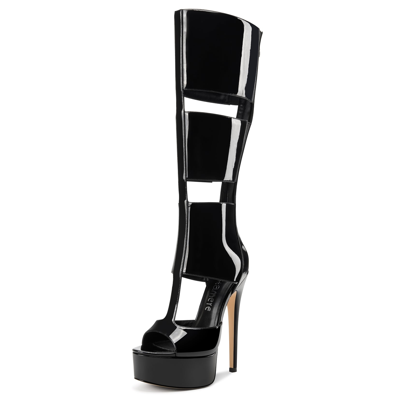 Aachcol Damen Cut-Out Plattform Stiletto Stiefel | Lackleder hohe Absätze