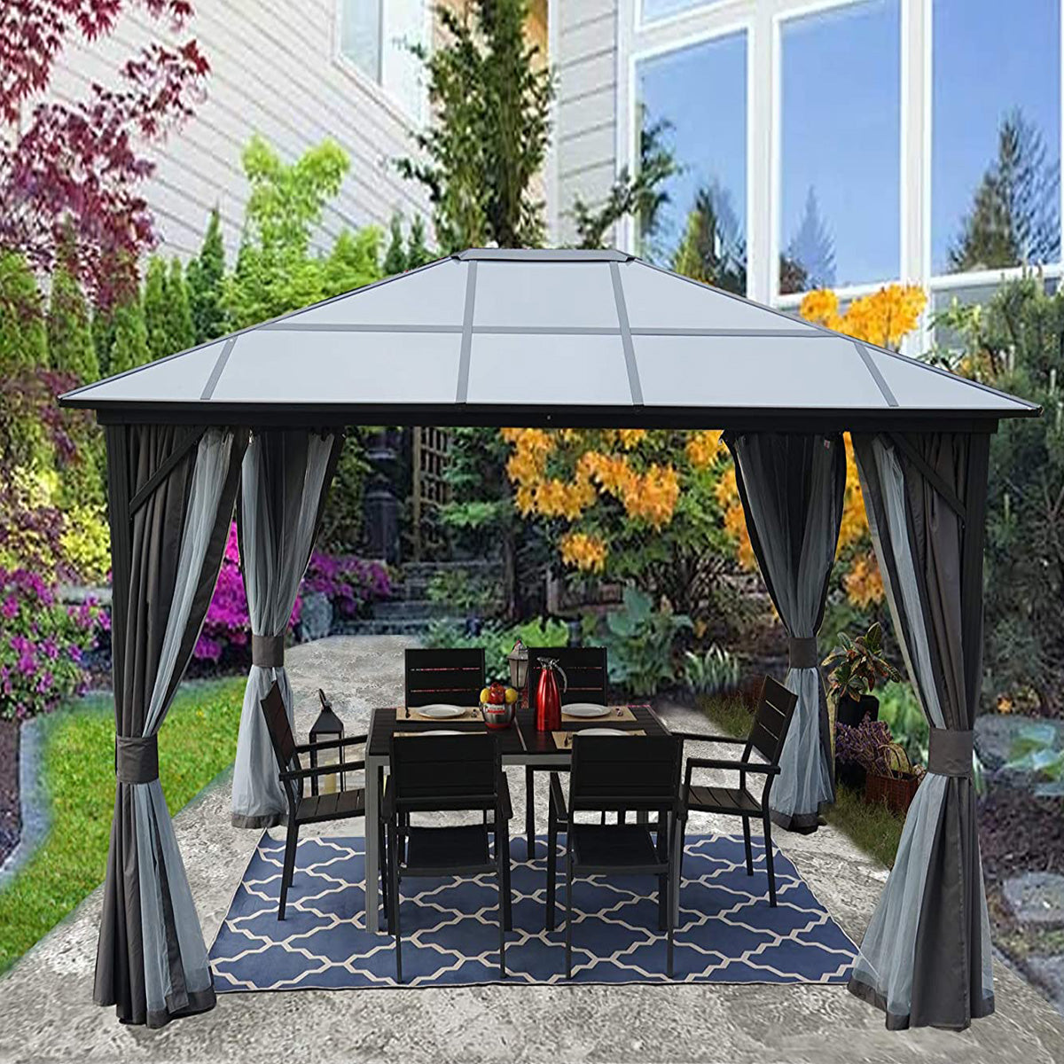 Kozyard 10ftx12ft Polycarbonat-Oben Aluminium-Dauer-Gazebo mit Mückennetz und Sichtschutzvorhang