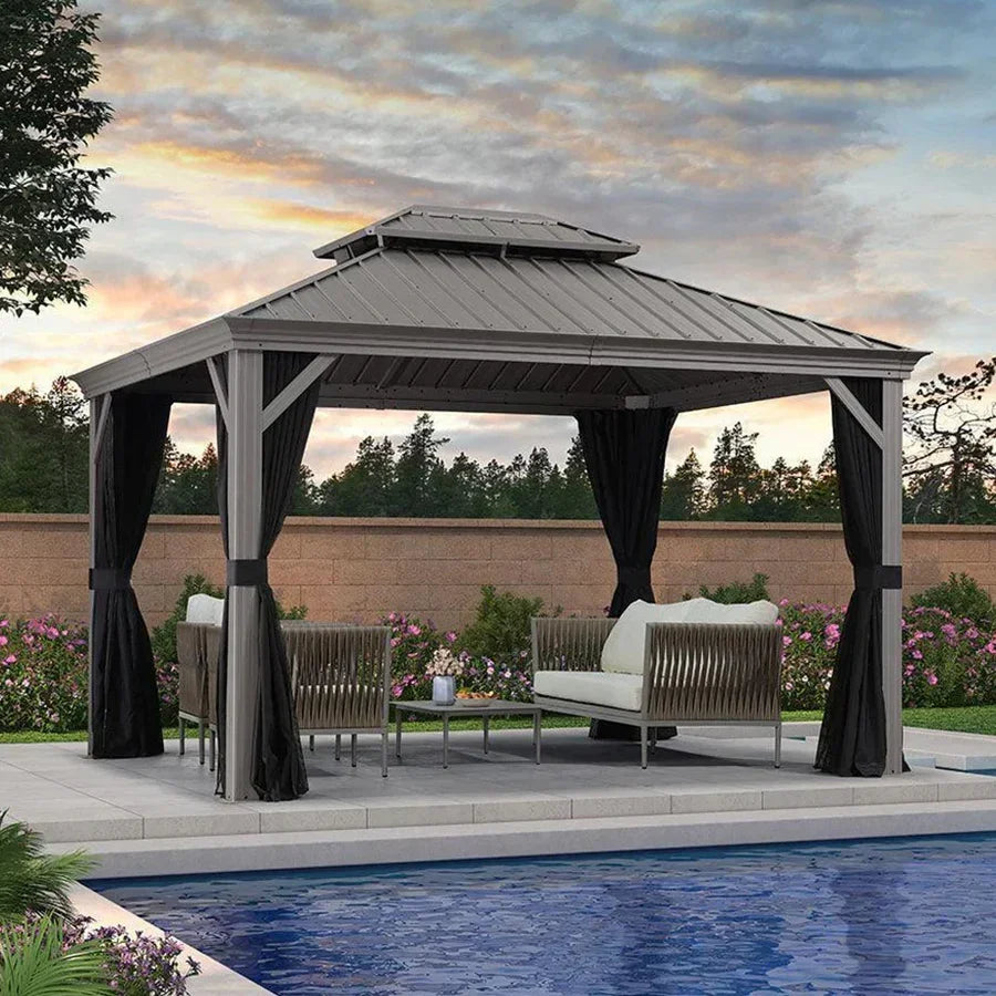 PURPLE LEAF Patio Gazebo für den Pool mit hellgrauem Hardtop aus verzinktem Stahl und verbesserten Vorhängen