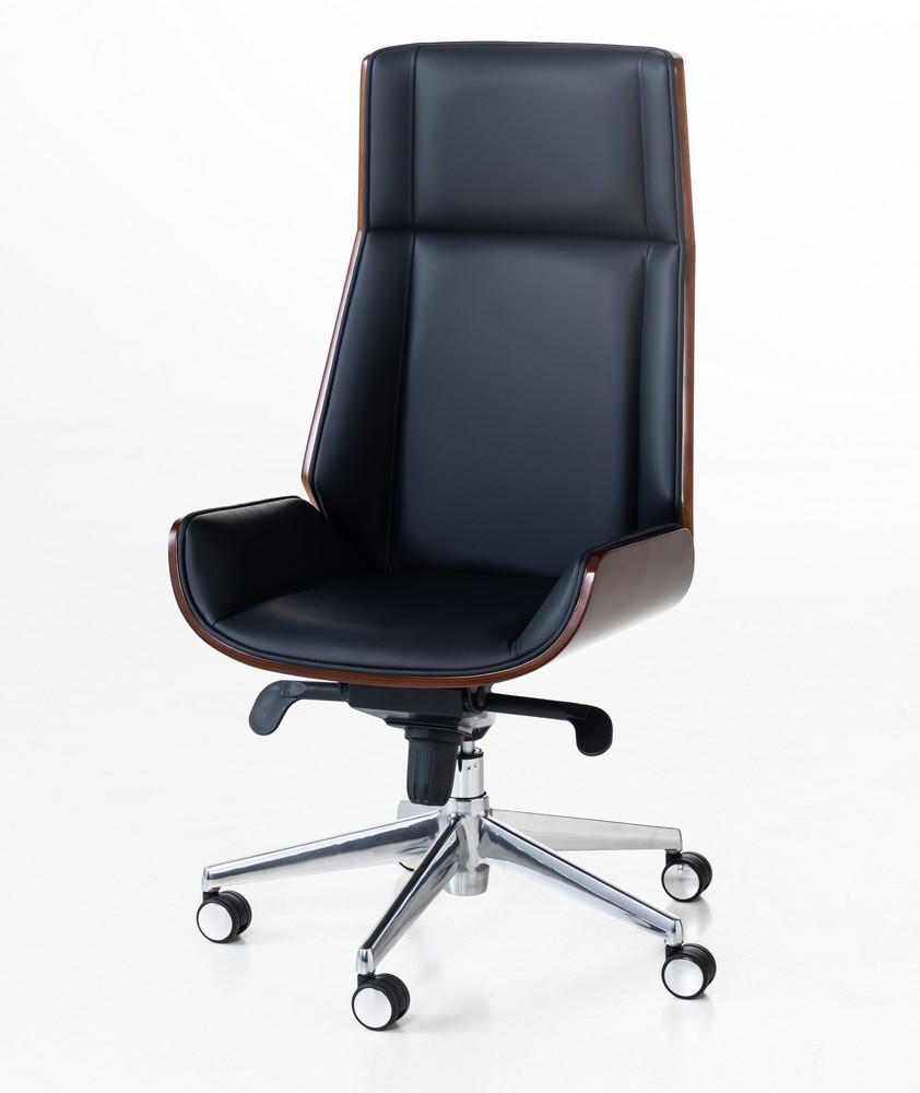 Office Chair with Walnut Wood, approx. 56 x 65 x 110–118 cm – Black