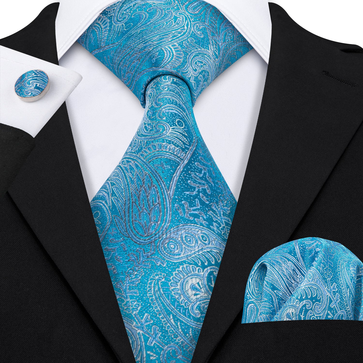 Hi-Tie Light Blue Paisley Silk Men's Tie Pocket Square Cufflinks Set