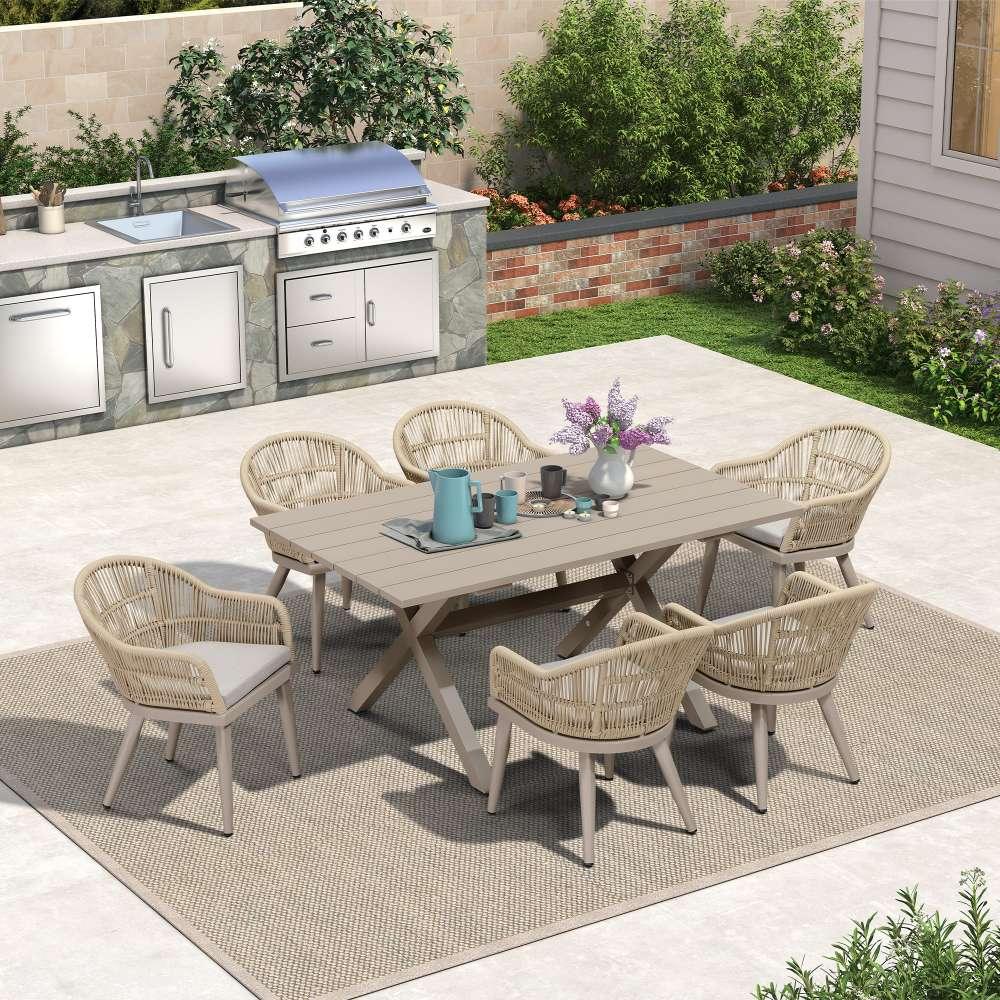 PURPLE LEAF 7/9/11 Teile Outdoor Esstisch-Set Aluminium Esstisch und Geflochtene Rattan-Stühle Möbelset mit Kissen für Terrasse und Garten Champagne
