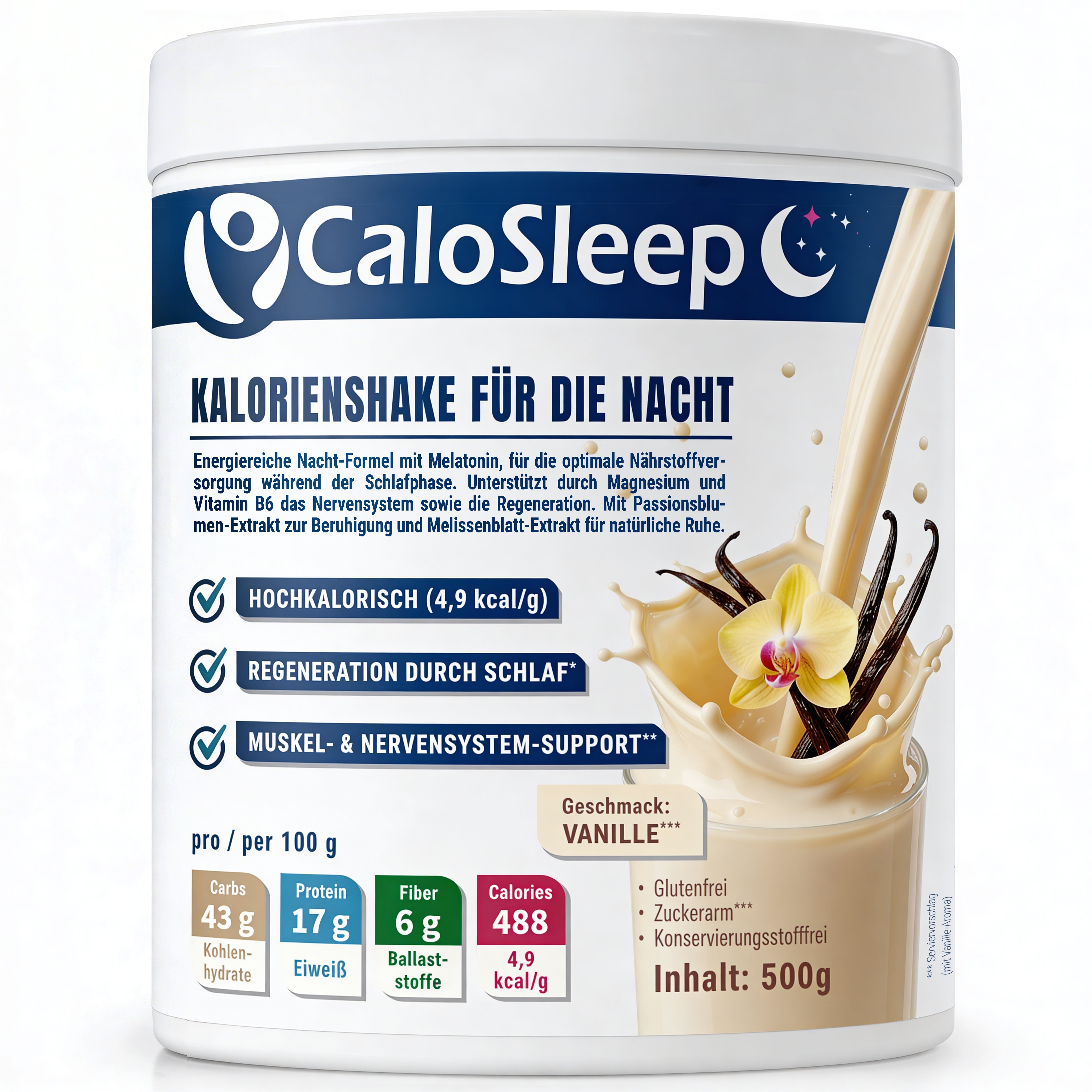 CaloSleep Nacht-Shake - hochkalorische Trinknahrung | 488 kcal/100g mit Melatonin, GABA & Magnesium