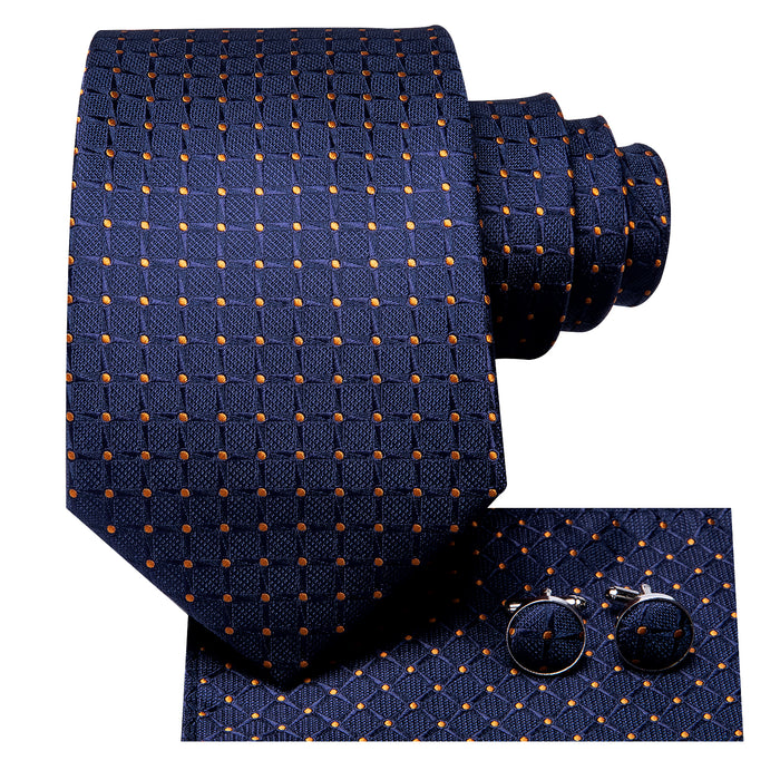 Ties2you Deep Blue Plaid Golden Point Men's Necktie Pocket Square Cufflinks Set