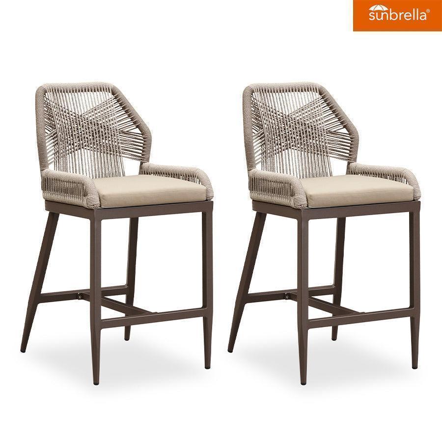 PURPLE LEAF Outdoor Barhocker Set aus 2 - Rattan Bar Aluminium Barstuhl mit Rückenlehne und Kissen für Garten und Kücheninsel