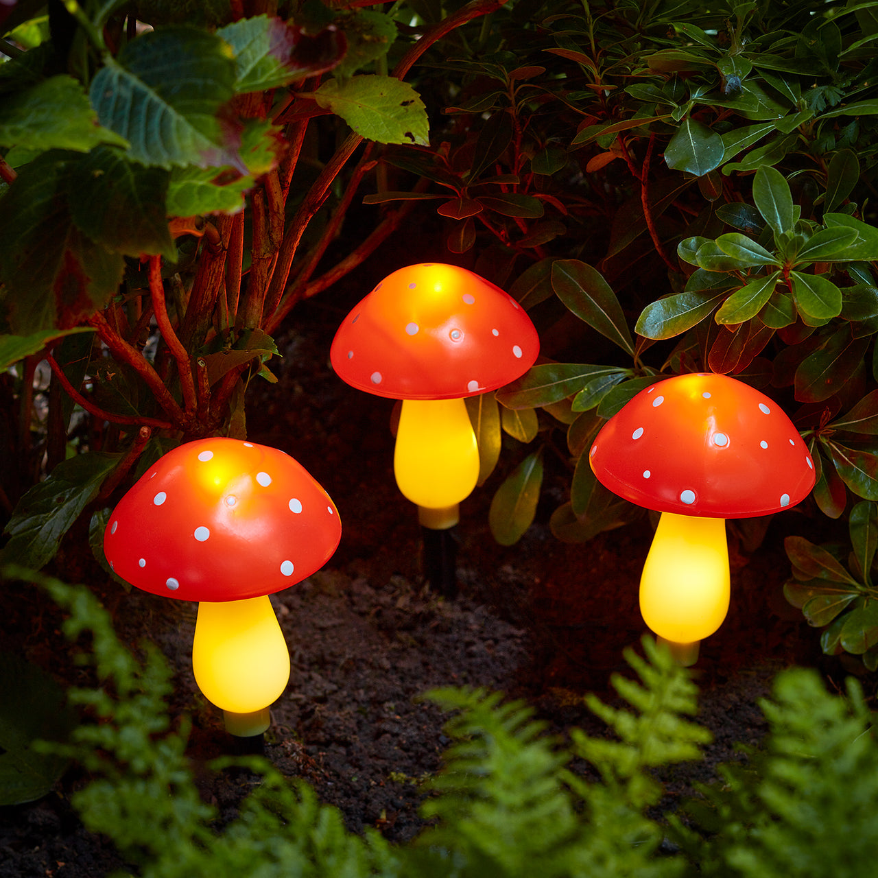 Set aus 3 Solar Fliegenpilz Stableuchten
