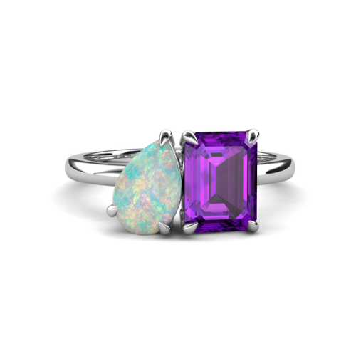 Driselle 1.90 ct Tropfenform Opal mit smaragdformiger Amethyst Toi Et Moi Verlobungsring