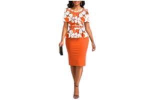 Floral Print Fake 2in1 Belted Orange Bodycon Dress