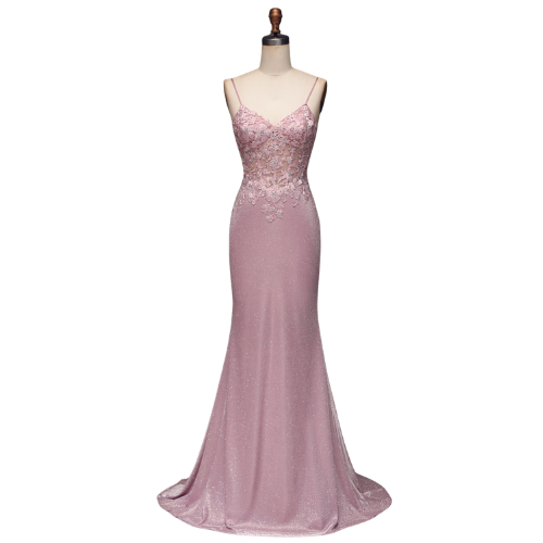 Glitzerndes Blush Mermaid Spaghetti-Träger Langes Promkleid mit Verzierungen