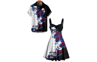 Gothic Couple Outfit Monochrome Flower Leaf Skulls Pattern Ruched Bust Sweetheart Neck Dress and Button Up Shirt Holiday Matching Outfit