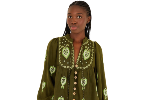 Grüne bestickte Puffärmel-Bluse aus Lenzing™ Ecovero™ Euroflax™