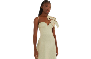 Grün Gestreiftes 3D Monstera Blatt Euroflax™ Premium Leinen Midi Kleid