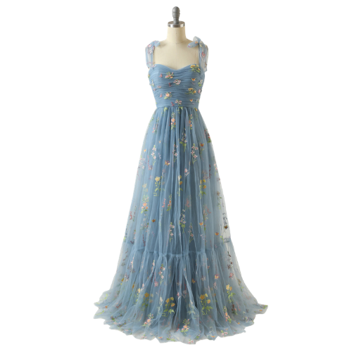 Graublau A-Linie Spaghettiträger Tüll Lange Abschlussballkleid mit Stickerei