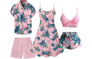 Hawaii Couple Outfit Tropical Plant Print Spaghetti Strap Dress Cinched Tankini Swimsuit and Roll Up Sleeve Shirt Drawstring Shorts Beach Matching Outfit