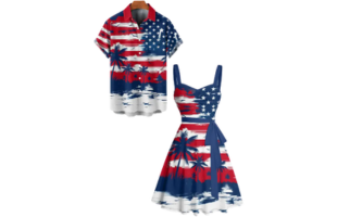 Independence Day Couple Outfit Star Striped Pattern Coconut Tree Ruched Bust Belt Dress and Button Up Shirt Patriotic Matching Outfit