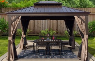 Kozyard Alexander 10' x 12' Hardtop Gazebo, Aluminum Frame with Galvanized Steel Double Roof, Outdoor Permanent Pavilion with Curtains and Netting for Patio, Backyard, Deck, Brown