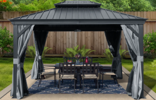 Kozyard Alexander 10' X 12' Hardtop Gazebo, Aluminum Metal Gazebo with Galvanized Steel Double Roof Canopy, Curtain and Netting, Gray