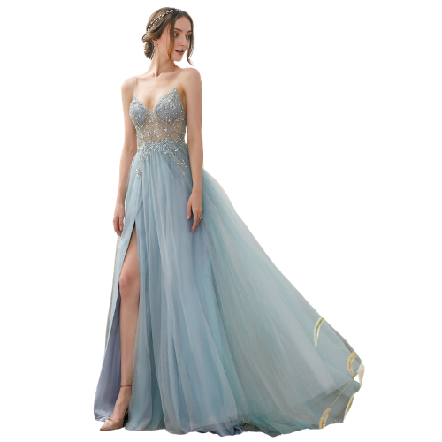 Himmelblaues A-Linien Spitzenkleid mit Spaghetti-Trägern und offenem Rücken für lange Promenade mit Schlitz