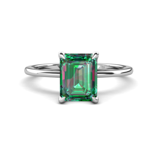 Morgan 3.11 ct Smaragdschliff Erschaffene Alexandrit & Runde Laborgewachsene Diamanten Versteckte Halo Verlobungsring