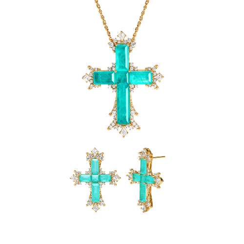 Paraiba Kreuz Schmuckset – Gold Große Halskette & Ohrringe