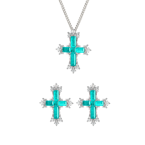 Paraiba Kreuz Schmuckset – Kleine Halskette & Ohrringe