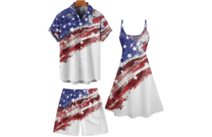 Patriotic Couple Outfit American Flag Striped Star Pattern Spaghetti Strap A Line Tank Dress and Roll Up Sleeve Shirt Drawstrings Shorts Matching Outfit