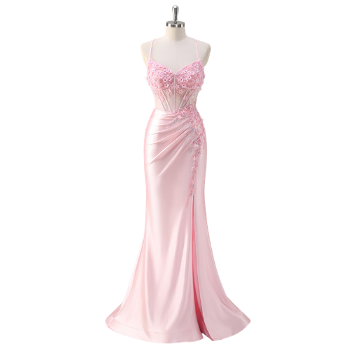 Rosa Mermaid Spaghetti-Träger Sheer Korsett Blumenkleid mit Schlitz