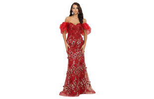 Royal Queen RQ8037 Off Shoulder 3D Floral Applique Red Carpet Dress
