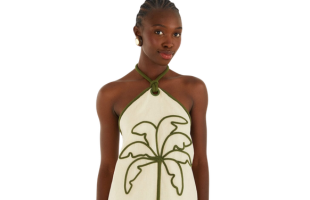 Sand Kokosnuss-Stickerei Halterneck Euroflax™ Premium Leinen Mini-Kleid