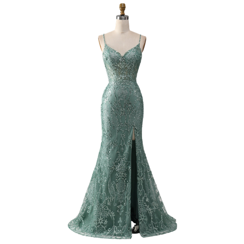 Glitzerndes graugrünes Meerjungfrauenkleid mit Spaghettiträgern und Perlen