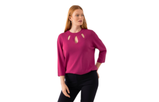 Sweater with Cut-Outs, Stand-Up Collar, 3/4 Sleeves, Ribbed Knit