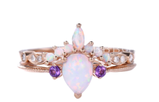 Unique Pear Opal Engagement Ring Set Rose Gold with Amethyst