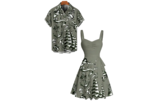 Vacation Couple Outfit Mermaid Dolphin Ship Ocean Elements Pattern Ruched Bust Belt Dress and Button Up Shirt Matching Outfit