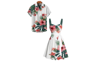 Vacation Tropical Flower Print Belted Mini Dress And Short Sleeve Shirt Matching Outfit