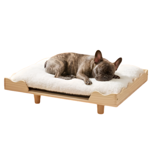 Veehoo Solid Wood Dog Bed with Plush Faux Fur Cushion