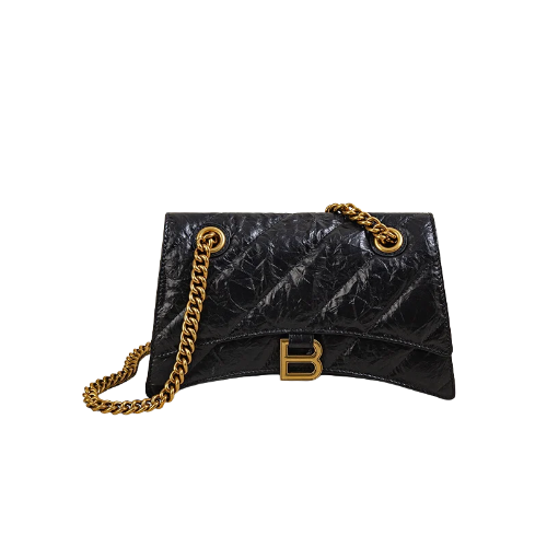 Damen Schwarze Echtleder Gefaltete Gepolsterte Ketten-Crossbody-Tasche