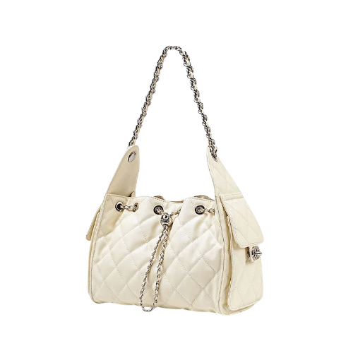 Damen Quilted Caviar Grain Split Leder Drawstring Ketten Schulter Hobo Tasche In Silber Hardware