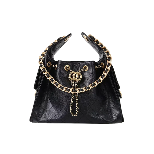 Damen Hobo Bag aus gequiltetem Spaltleder mit Zugband und Kettenhenkeln in Goldhardware